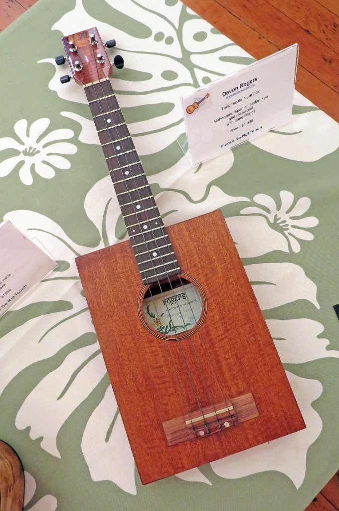 32 - Devon Rogers' tenor cigar box ukulele. Mahogany, Spanish cedar koa and rosewood with bone fittings