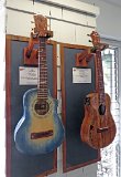 46, 48 -  Mike Perdue's mango and Port Orford cedar blue dyed tenor ukulele and koa with electronics tenor ukulele