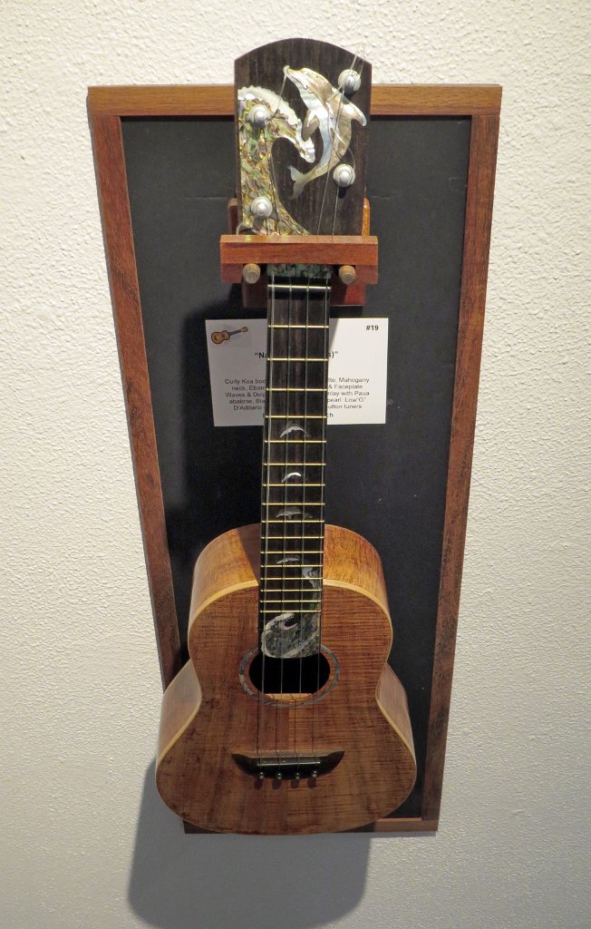 19 Jane Klassen, curly koa tenor ukulele with hand cut Paua abalone inlay