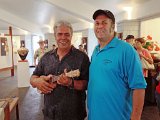 2014 Big Island Ukulele Guild exhibit 19  Ukulele raffle winner Jesse Beamer (left) of Waimea poses with BIUG member and exhibit coordinator Bob Gleason during the 2014 BIUG exhibit at Wailoa Center in Hilo. The ukulele was donated by Brian Kiernan of Kiernan’s Music in Kainaliu